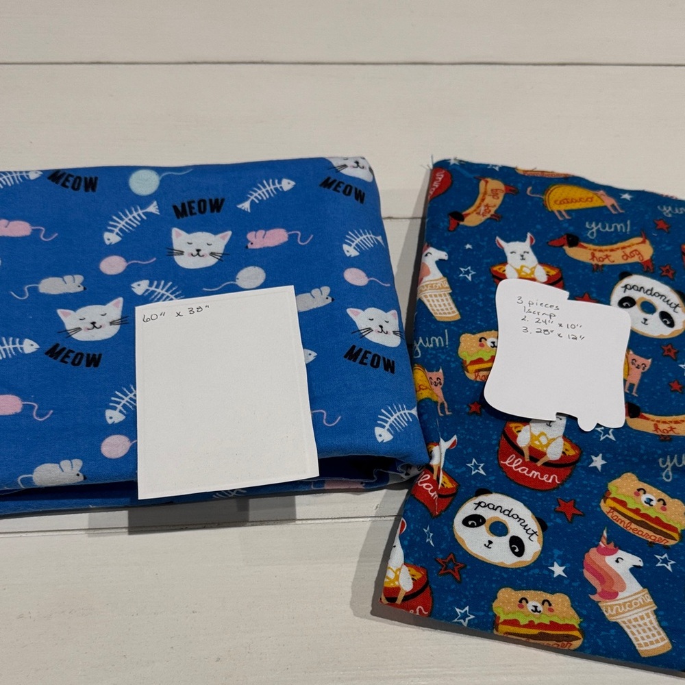 Blue Cat & Panda Print Flannel Fabric Cats 60”X38” Panda 24”x10” & 28”x12”